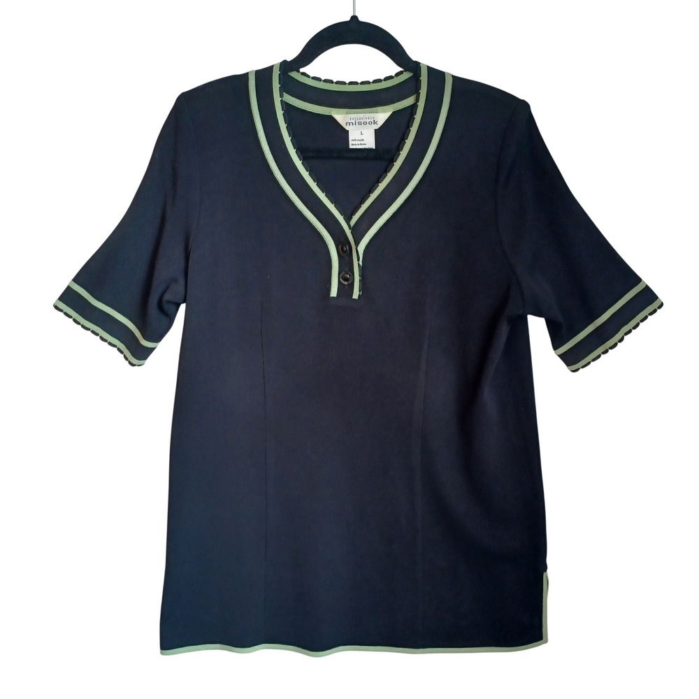 Exclusively Misook Black Green Trim V-Neck Knit Top Short Sleeve Womens Large